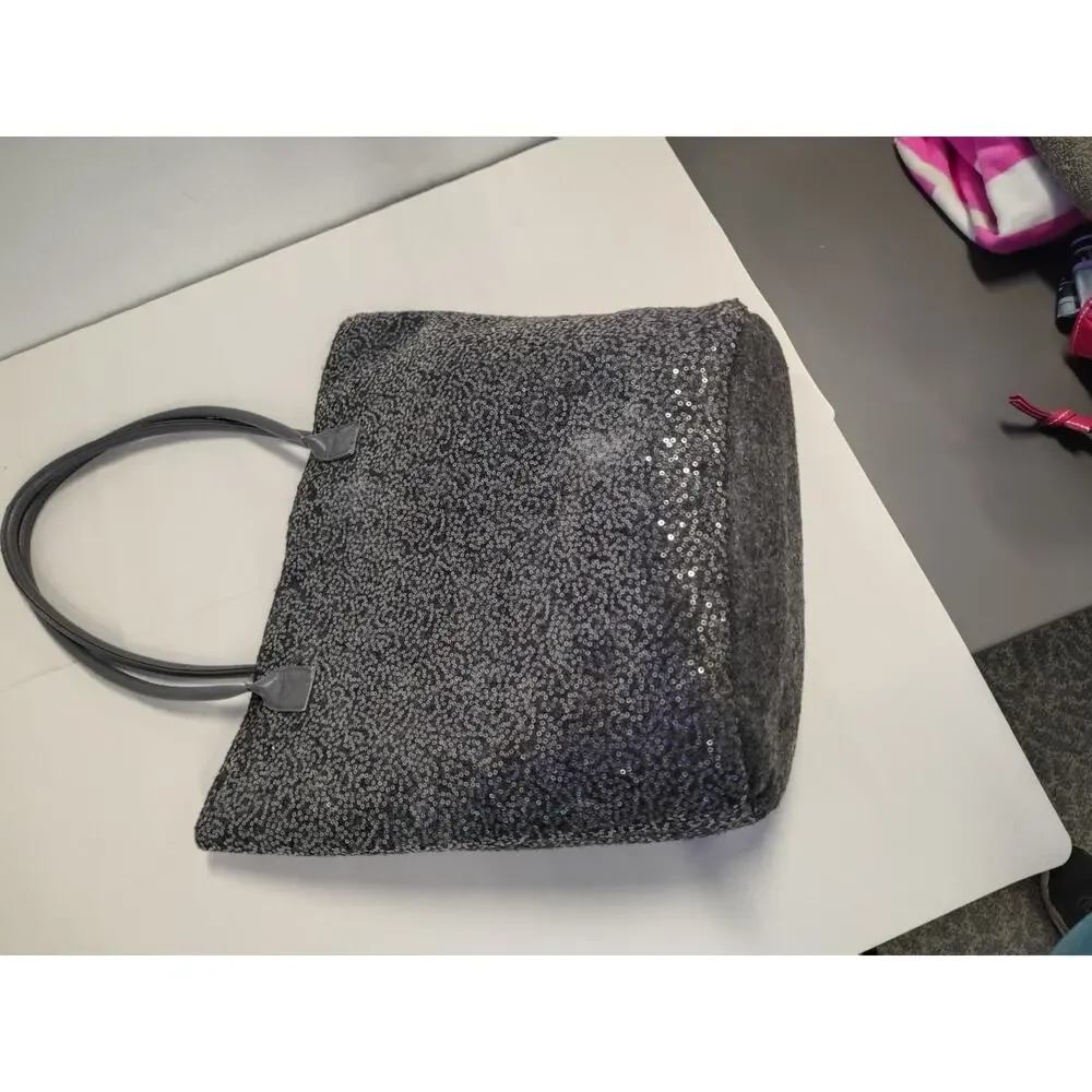 Chico's Womens Tote Bag Silver Metallic Dual Handle Pocket Sequin Large Felted